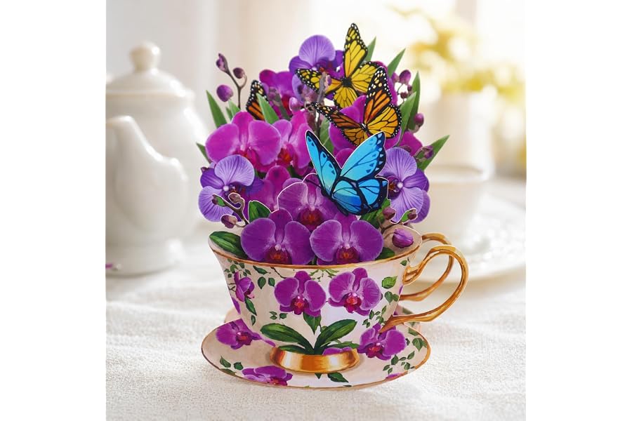 Purple Orchid 3D Pop-Up Teacup Card – Floral Greeting Card with Envelope & Message Note, Handmade Design, Birthday, Thanksgiving, Anniversary, Gift for Mom, Teacher, Tea Lover, Desktop Decor