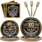 Wiooffen 96 Pcs Vintage 100th Party Tableware Set Back in 1926 100th Theme Birthday Party Table Decoration Supplies Cheers to 100 Years Paper Plate Napkin Fork 24 Guests for Men
