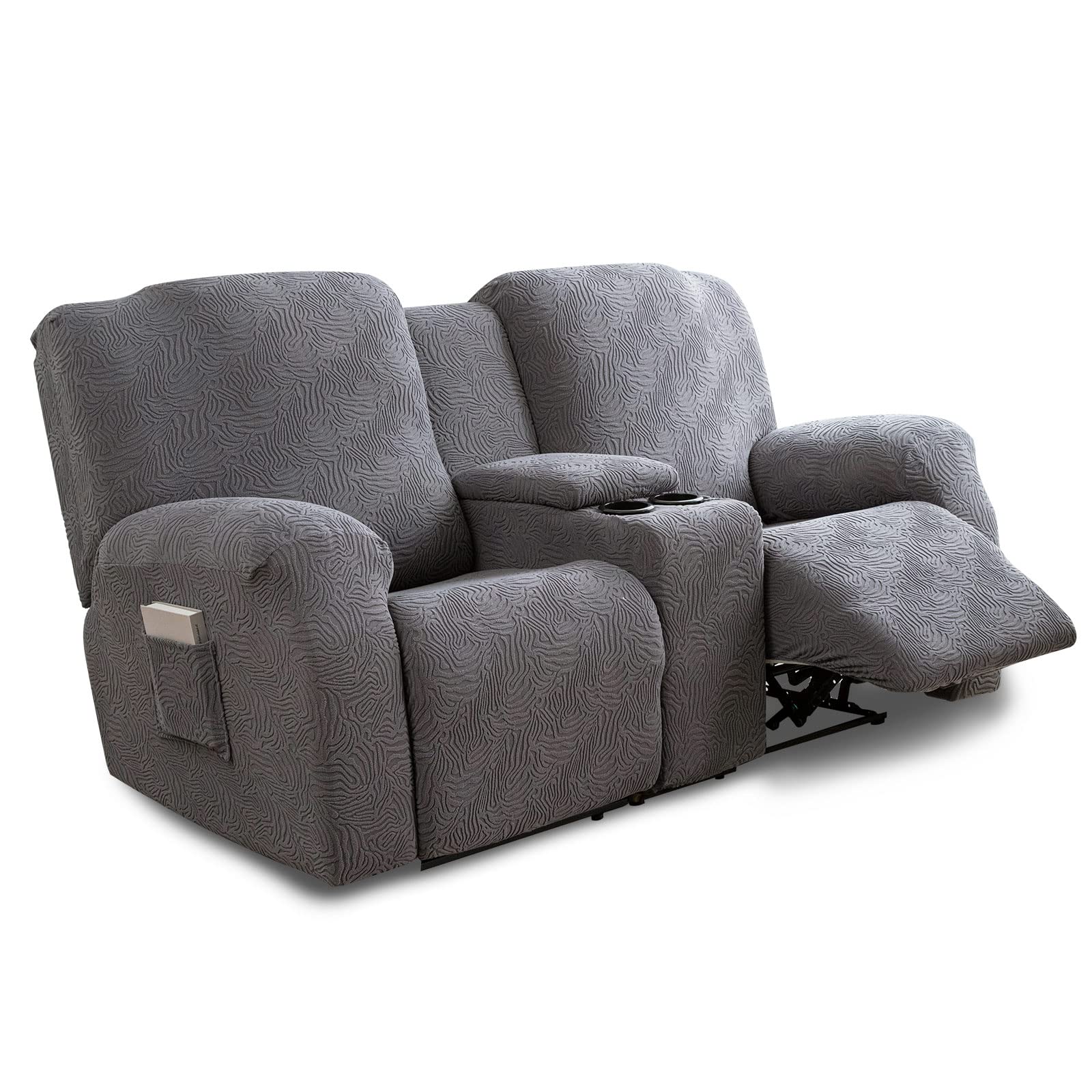 Photo 1 of YUEANG Recliner Loveseat Cover with Center Console, 2 Seater Leopard Recliner Sofa Slipcover with Pockets Washable Stretch Reclining Couch Covers Furniture Protector with Elastic Straps (Dark Gray)