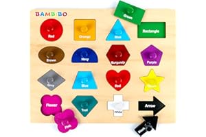 Bambibo Wooden Shape Puzzles for Toddlers - Colorful Knobs with 16 Magnetic Shapes for Toddlers 1-3 | Learn Colors & Shape Recognition Toy | Wooden Peg Puzzles | Shapes Puzzles for Toddlers 3-5