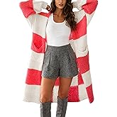 Yeokou Women Checkered Cardigan Sweater Color Block Open Front Long Plaid Chunky Knit Fall Outerwear with Pockets