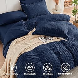 HYMOKEGE Navy Blue Twin Comforter Set Seersucker 5