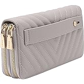 B BRENTANO Vegan Leather Double Zipper Pocket Wallet with Grip Hand Strap (Chevron Embroidered Gray)