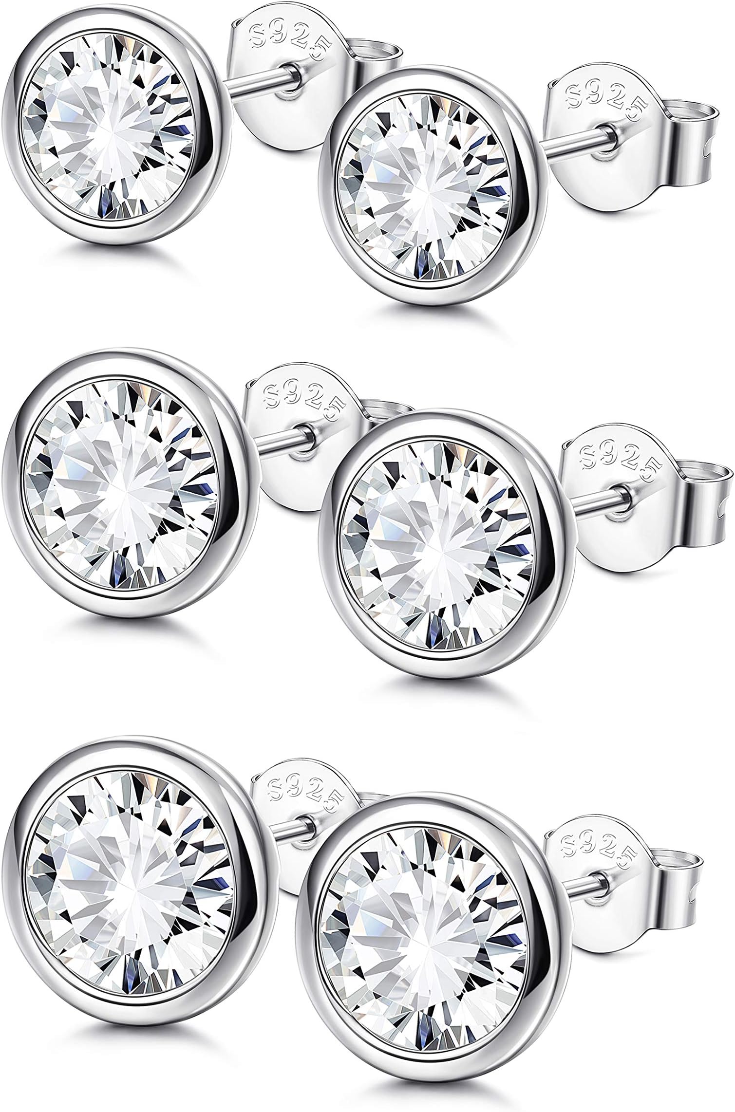 Sterling Silver Cubic Zirconia Bezel Set Stud Earrings Set for Women Girls Round Cut CZ Earrings 3 Pairs Martini Stud Earrings Hypoallergenic