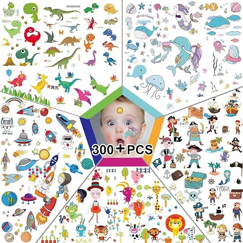300 Stück Temporäre Tattoos Für Kinder – 5 Motive: Dinosaurier, Weltraum, Zoo, Meerjungfrauen, Piraten