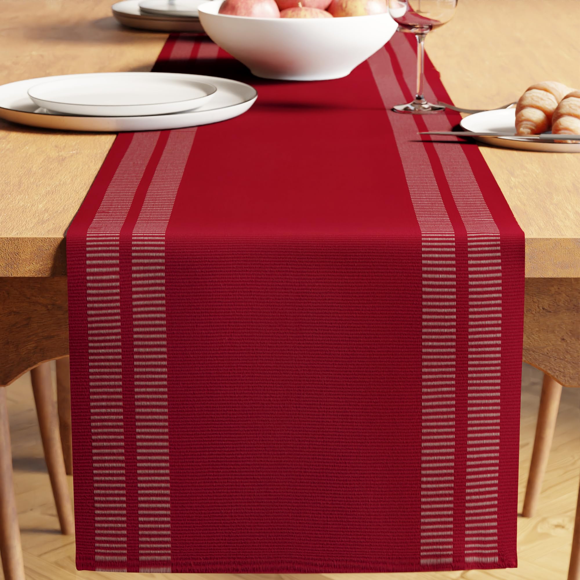 Encasa XO Dining Table Runner 32x183 cm | Yarn Dyed Fine Ribbed Cotton | Ladder Red | Machine Washable — image 1