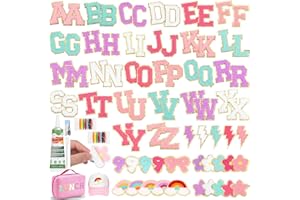 Preppy Chenille Patches Self Adhesive Letter Patches, 52 A-Z Chenille Letter Patch Stickers 25 Rainbow Flower Lighting Stars 