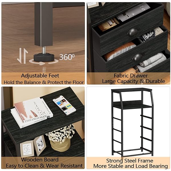FURNULEM TALL 4 DRAWERS DRESSER, VERTICAL STORAGE TOWER BLACK DRESSER FOR BEDROOM, HALLWAY, ENTRYWAY, NURSERY, CLOSET ORGANIZER, NIGHTSTAND BEDSIDE TABLE FURNITURE, STURDY STEEL FRAME, WOOD TOP