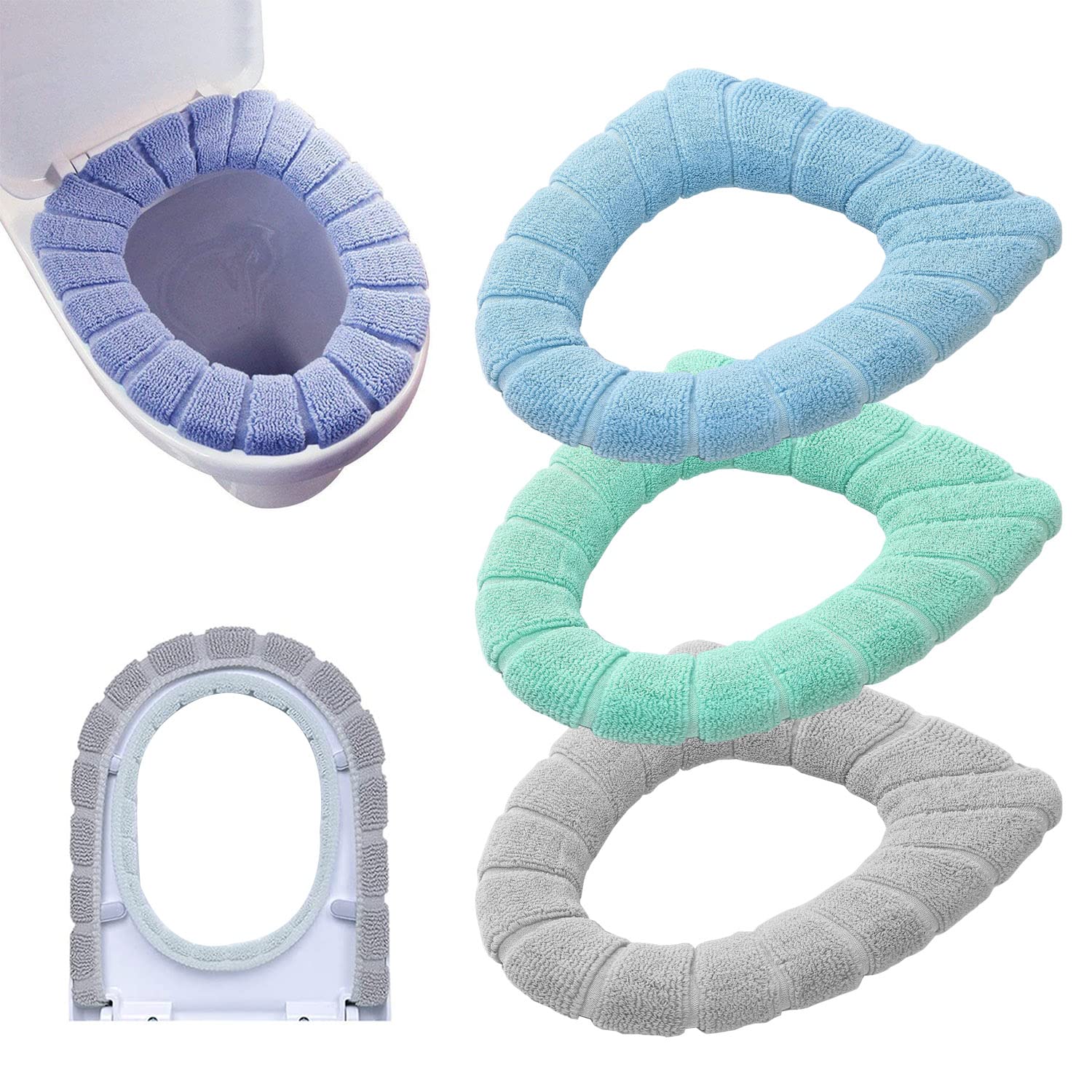 Photo 1 of Guojanfon Bathroom Soft Thicker Warmer Stretchable Washable Cloth Toilet Seat Cover Pads 3PCS