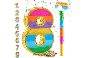 MUWOOB Rainbow Number 8 Pinata for 8th Birthday Party Decorations, Fiesta, Kids Anniversary Celebration, Birthday Pinata with Stick, Blindfold and Confetti (Small, 16.5 x 11.5 x 3 In)