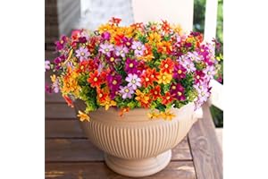 Ammyoo Artificial Fake Plants Flowers for Outdoor Spring Summer Decor, 12 Bundles of Faux Daisy and Eucalyptus, UV Resistant Artificial Planter Porch Patio Window Decor(Orange Lotus)