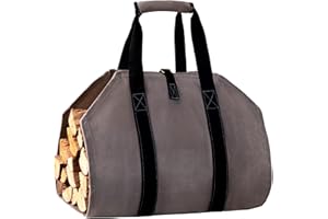 eletecpro Firewood Carrier 39x18 Inch Durable Waxed Canvas Log Carrier Heavy Duty Tote,Fire Place Sturdy Wood Carring Bag with Handles Security Strap for Camping Indoor (Gray)