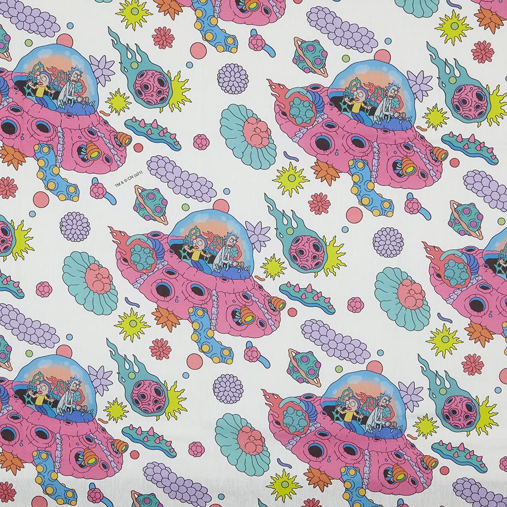 Kt KILOtela - Digital Printed Canvas Fabric, Upholstery, Cushions, Curtains, Half Panama Cotton, 100cm Length x 140cm Width | Rick and Morty - White, Pink, Lilac ─ 1 meter