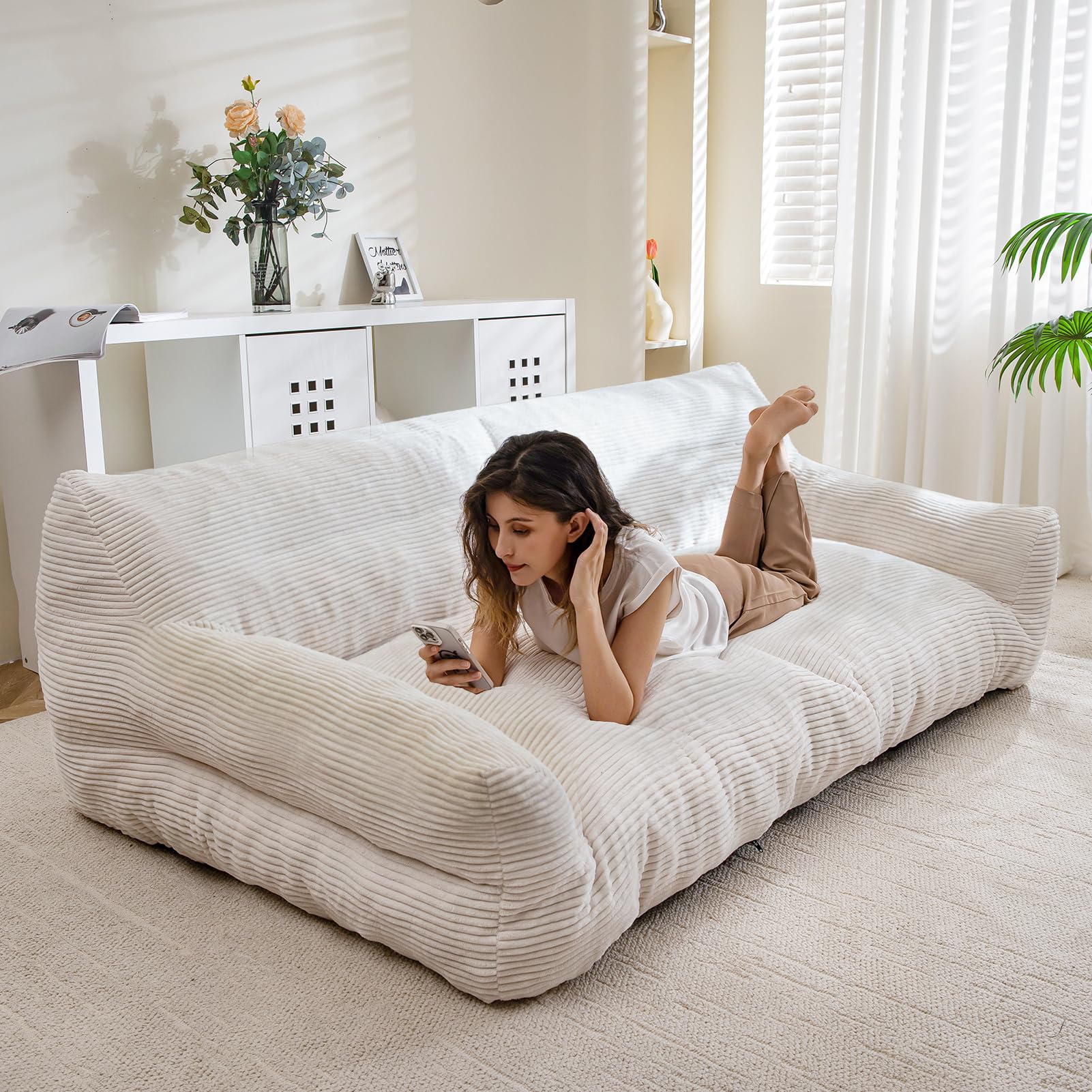 Photo 1 of HIGOGOGO Large Human Dog Bed, Giant Dog Sofa Bed, Big Comfy Floor Sofa Couch for Pet Families with Foam Chunk Supportive Mat, XXXXL Size Corduroy Orthopedic Bed for Human, Beige