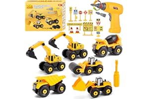 TEUVO Take Apart Truck Car Toys with Electric Drill, Construction Vehicles Building Excavator Toy STEM Trucks Vehicle Set for