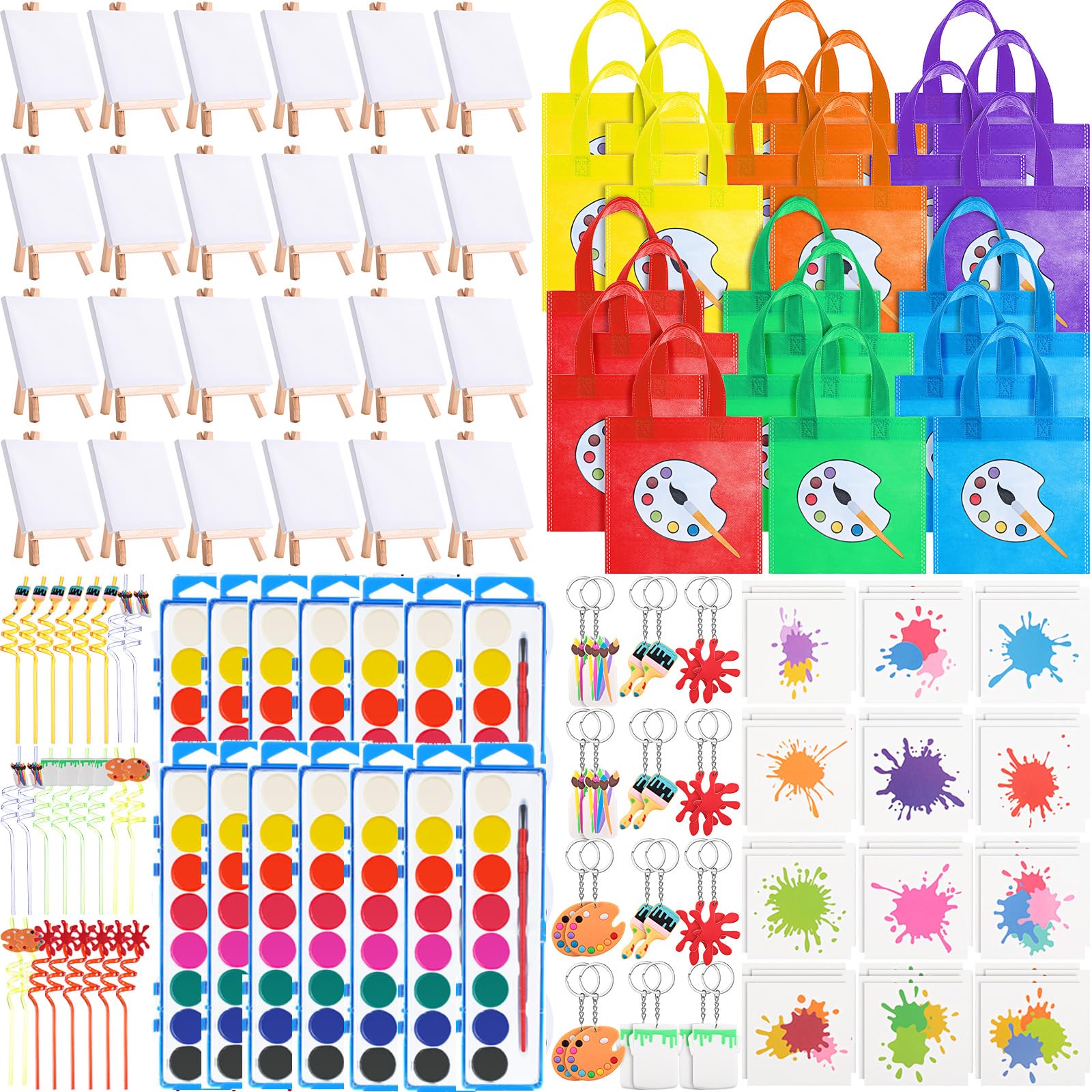 Photo 1 of Zhanmai 84 Pcs Paint Party Favors Kids Toddler Art Party Painting Canvas Watercolor Paints Art Painting Straws Keychain Temporary Tattoo Tote Bags Set for Kids Birthday Valentine Prizes (Rectangle)
