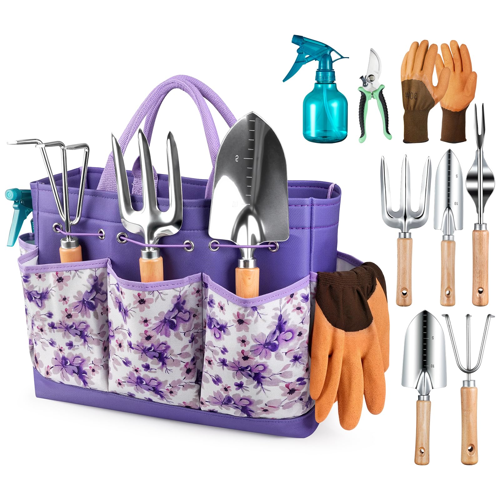 Grenebo Gardening Tools 9-Piece Heavy Duty Garden Hand Tools with Fashion and Durable Garden Tools Organizer Handbag, Rust-Proof Garden Tool Set, Ideal Gardening Gifts for Women (Purple) Image