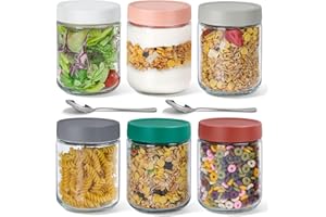 16oz Overnight Oats Jar - 6 pack Glass Jars with Airtight Lids & Spoons, Reusable Wide Mouth Mason Jars for Meal Prep, Yogurt