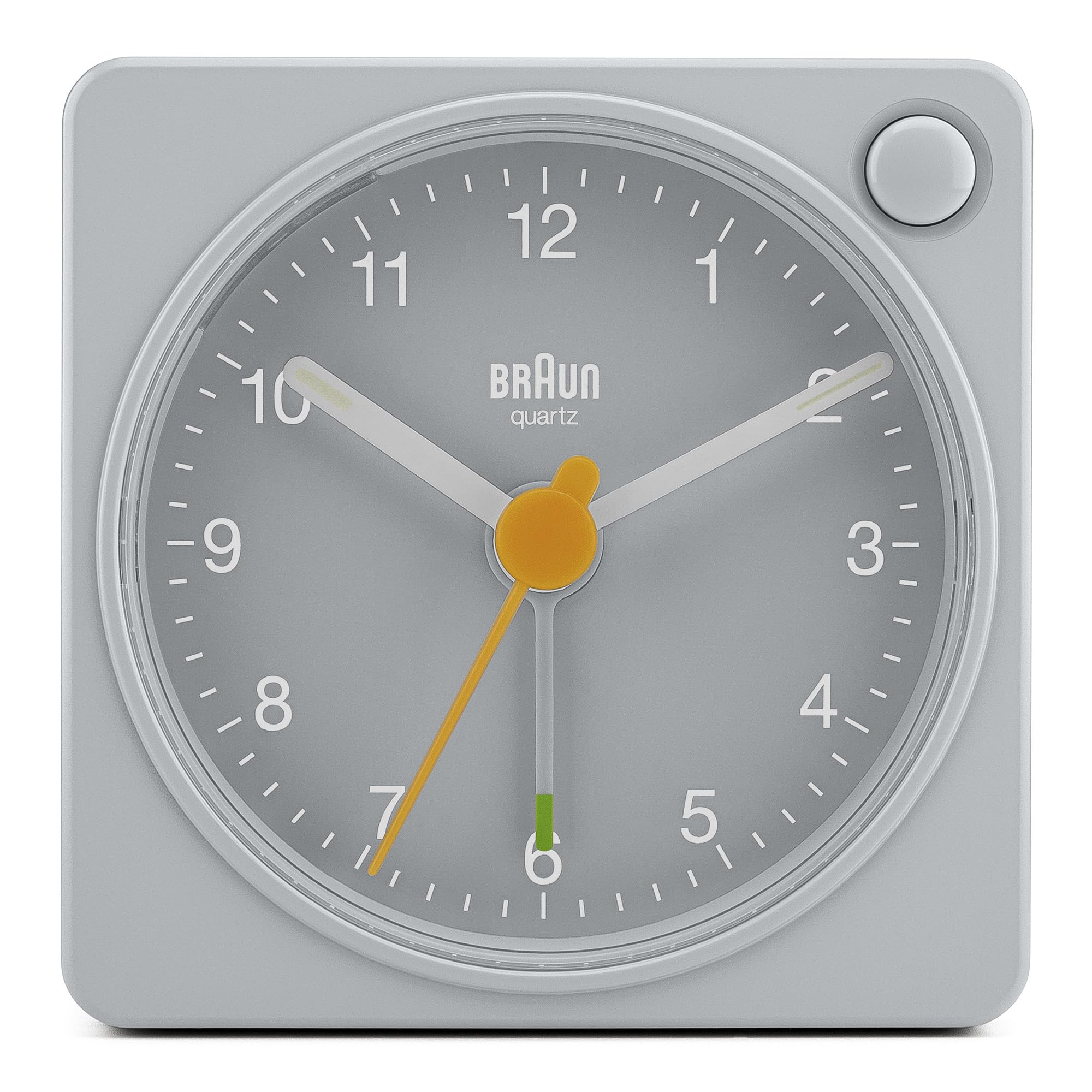 Braun Classic travel Analogue Alarm Clock with Snooze and Light, Compact Size, Quiet Quartz Movement, Crescendo Beep Alarm in grey, model BC02XG