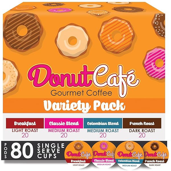 DONUT CAFÉ SINGLE SERVE COFFEE PODS FOR KEURIG K CUP BREWERS, LIGHT MEDIUM AND DARK FRENCH ROAST, BREAKFAST CLASSIC BLEND, COLOMBIAN, VARIETY PACK, 80 COUNT