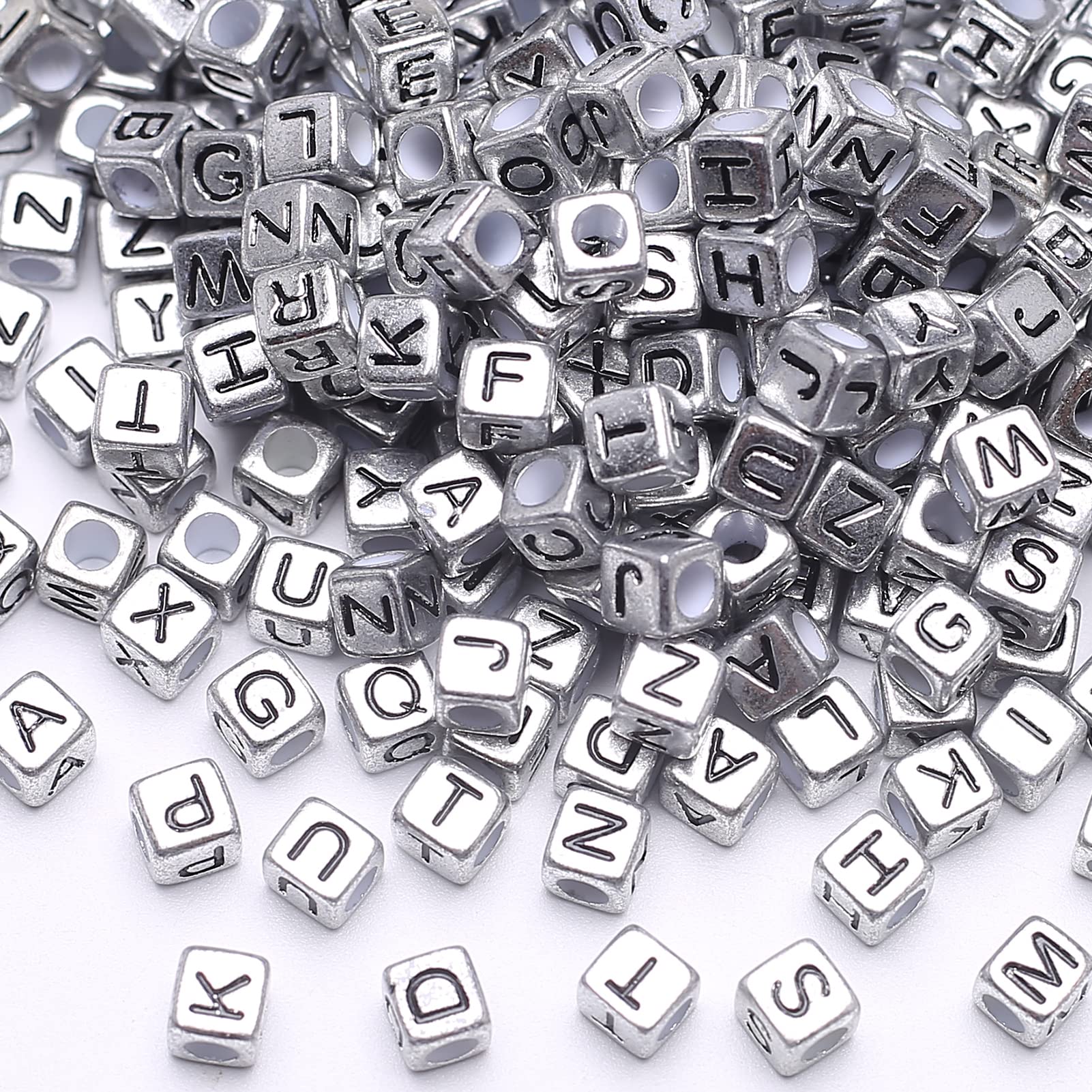 HERZWILD Letter Beads for Threading Approx. 1000 Pieces 6 x 6 mm Letter Beads Square Craft Beads Letters A-Z Beads for Jewellery Crafts (Silver-A)
