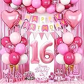 16th Birthday Decorations for Girls,Hot Pink 16th Birthday Balloons with Happy Birthday Banner Fringe Curtain Heart Foil Balloons for 16 Year Old Birthday Decor