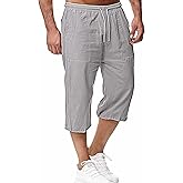 HangNiFang Men's Long Linen Shorts Below Knee Pocketed 3/4 Summer Drawstring Capri Pant