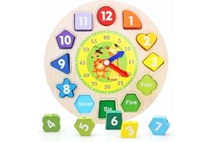 LMC Products Wooden Clock with Lacing String & Shapes - Educational Learning Toys for 3 Year Olds & Up - Wooden Counting & Shape Sorting Toys for Toddlers