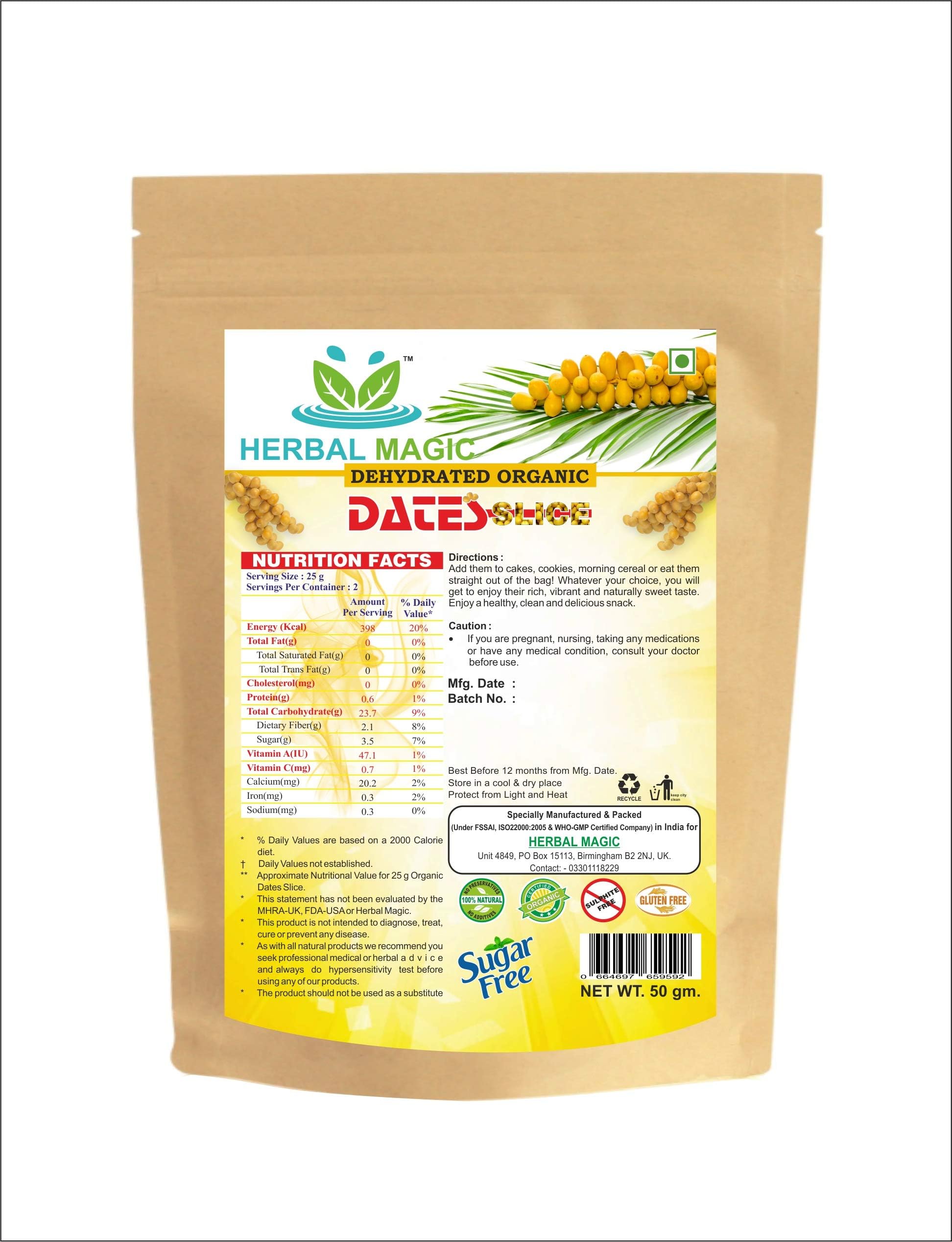 Herbal Magic's 100% Pure & Natural Pesticide Free 50g Organic Dried Dates Slices -NO Added SUGARS / NO SULPHITES / NO ADDTIVESI/NO PRESERVATIVES Great for Snacking/Cereals/Smoothies