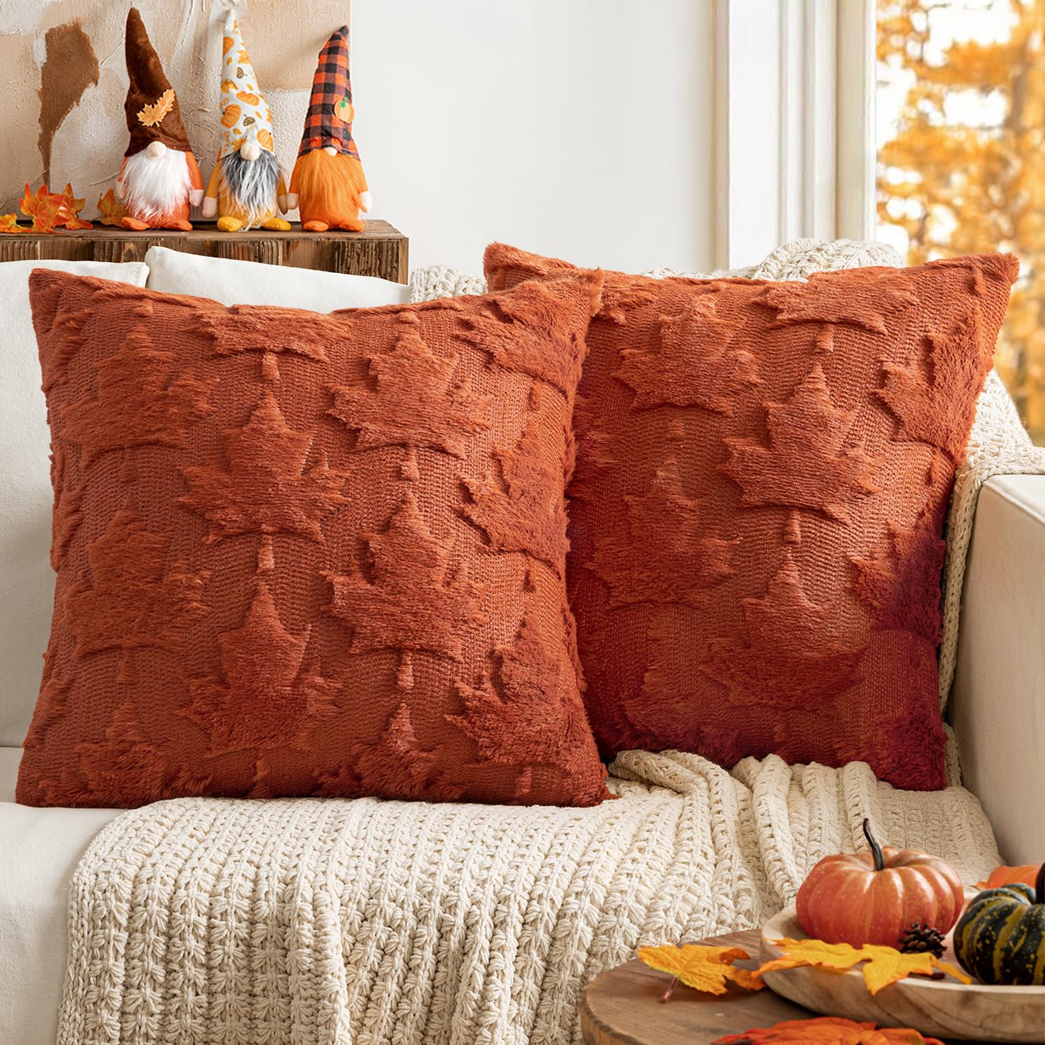 Photo 1 of MIULEE Fall Autumn Throw Pillow Covers 20x20 Burnt Orange Set of 2 Thanksgiving Decorative Solid Maple Leaf Accent Pillow Covers Soft Plush Faux Wool for Home Decor Holiday Outdoor Porch Bedroom