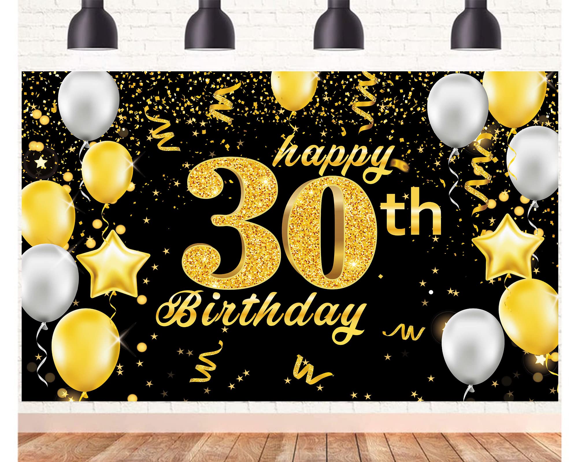Happy 30th Birthday Banner,30th Birthday Decorations Black Gold,Party Backdrop Banner Fabric Banner.for Men Women 30thBirthday Photo Backdrop,Photography Background,Outdoor Garden Table Wall Decor