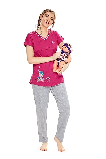 Women's Cotton Solid Feeding/Nursing/Maternity Top and Pyjama Set