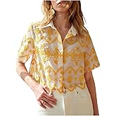 SweatyRocks Women's Short Sleeve Button Down Collared Blouses Boho Summer Embroidery Crop Top