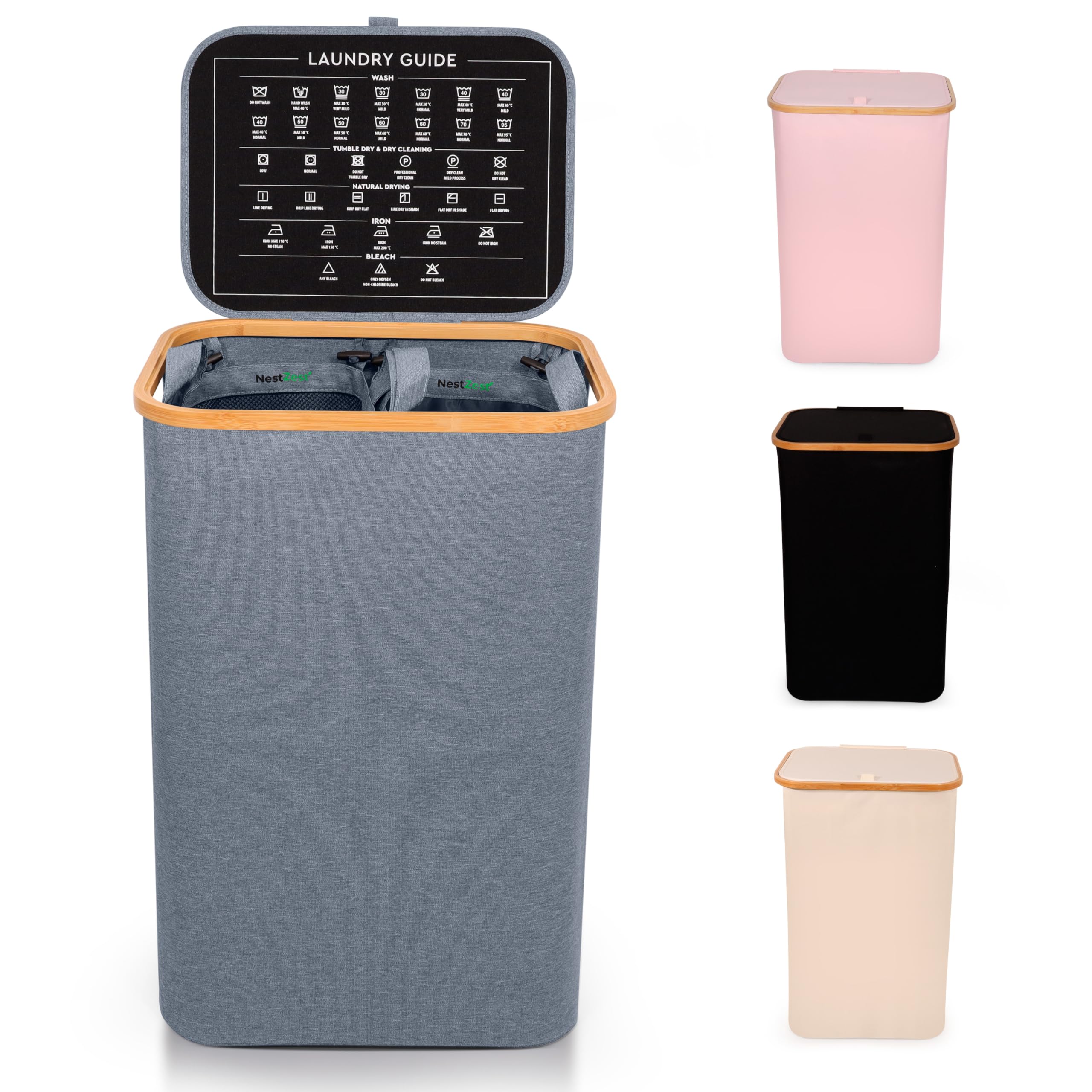 Nest Zest 100L Double Laundry Basket with Lid, 2 Compartments to Sort Washing, Hamper Laundry Bin with Care Guide & 2 Removable Inner Bags, Dirty Clothes Basket with Bamboo Rim Oxford Fabric (Grey)