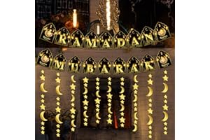 GERMISHUYS Ramadan Mubarak Decorations, Ramadan Mubarak Banner with Lights and Hanging Swirls, Black