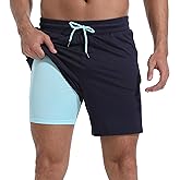 FT FENTENG Mens Swim Trunks with Compression Liner 7" Board Shorts with Zipper Pockets 2 in 1 Quick Dry Bathing Suits
