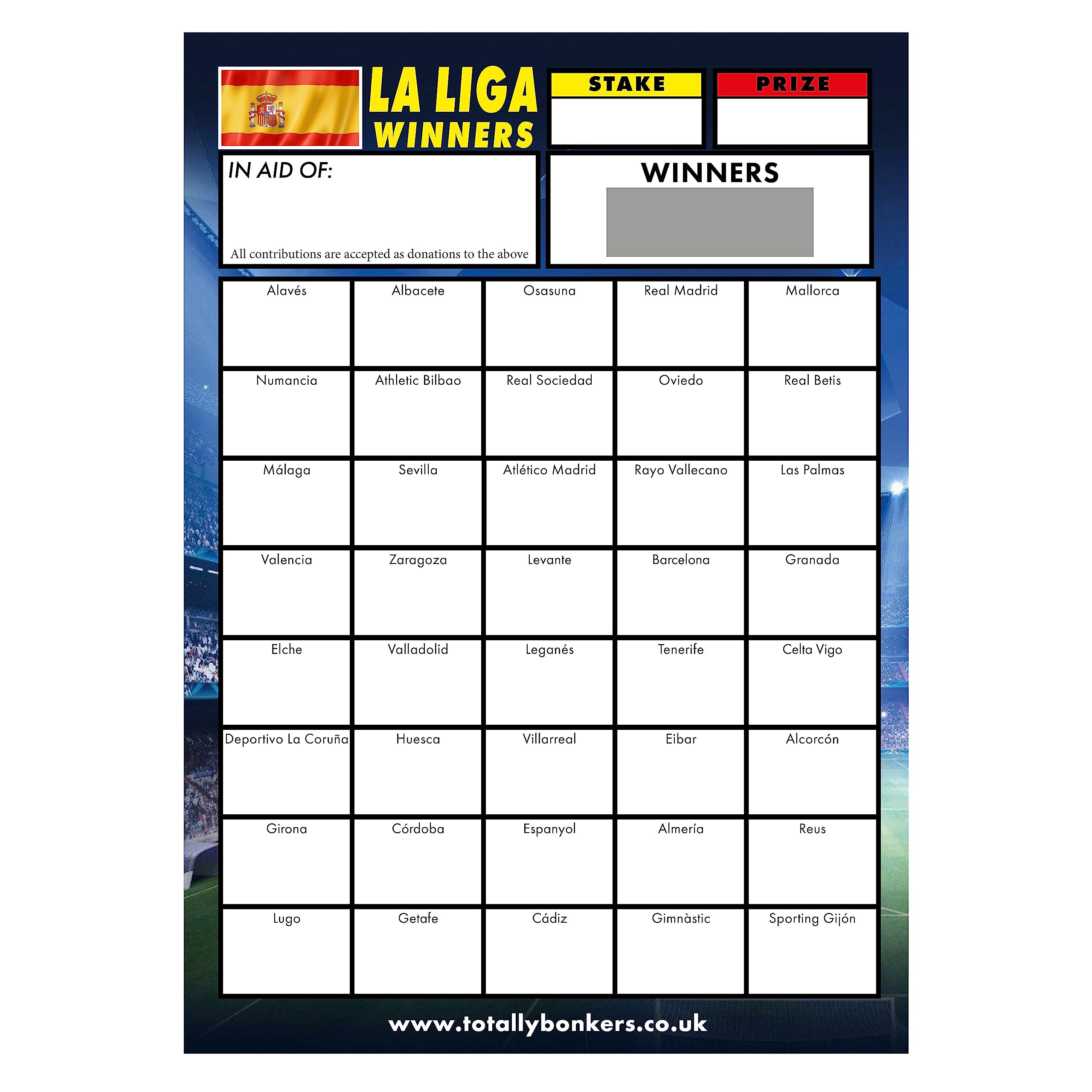 Totally Bonkers - Football La Liga Fundraising Scratch Cards - 40 SQUARE - A6 (148x105mm) -10 Pack - TB0004 - Blind Card