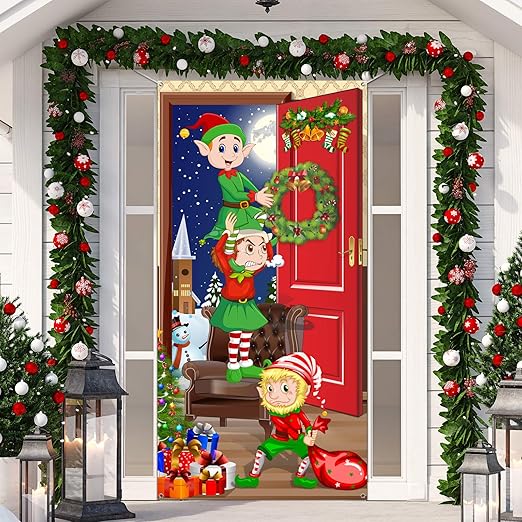 Amazon.com: Christmas Door Cover, Funny Elves Door Backdrop Fabric