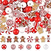 Misdary 200 Pcs Christmas Beads for Crafts Wooden Christmas Beads Red and White Peppermint Candy Gingerbread for Jewelry Making Holiday DIY Garland Party Tree Hanging Home