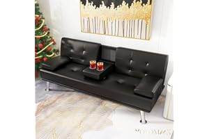 yoyomax Futon Couch, Modern Faux Leather Futon Sofa Bed with 2 Cup Holders and Pillows, Convertible Folding Futon Couch for Compact Living Space, Dorm, RV, Offices, Black