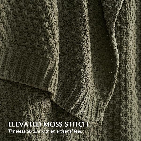 EVERGRACEHOME CHUNKY CHENILLE KNIT THROW BLANKET FOR COUCH, SOFT LUXURIOUS MOSS STITCH BLANKETS FOR BED, COZY DECORATIVE FARMHOUSE KNITTED THROWS FOR SOFA, OLIVE GREEN, 60″ X 80″