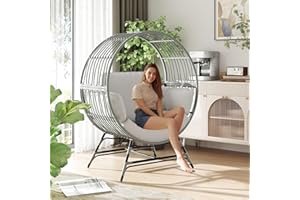 Fancyango Egg Chair Outdoor Indoor, Oversized Rattan Chair with Thicken Cushion, 510LBS Capacity Wicker Patio Lounge Chair, Basket Chair for Living Room Balcony Porch Backyard, Grey/Light Grey