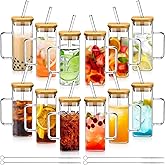 Rtteri 12 Pcs Glass Cups with Straws and Lids, Portable Iced Coffee Square Glass Drinking Cup with Handles, Wide Mouth Travel Mug Gifts for Teachers Employee Coworkers(Clear,16oz, Medium)
