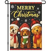 IVN Merry Christmas Burlap Garden Flag 12x18 Inch Puppy Trio Santa Hat Candy Ornament Flag Double Sided Outdoor Yard Banner for Porch Lawn Patio Decor