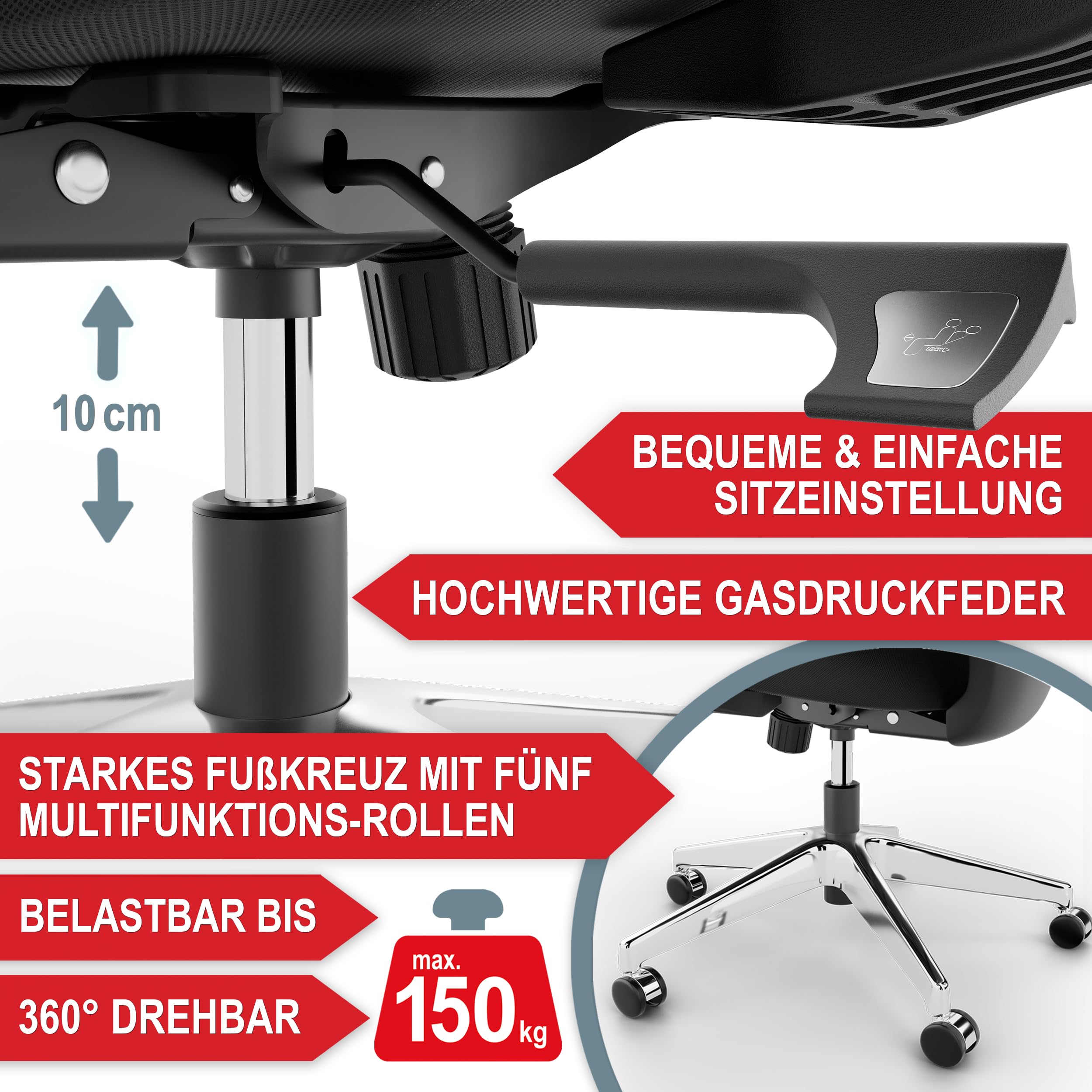 Onbest ergonomischer Bürostuhl für Homeoffice & Büro - mit Lordosenstütze, Verstellbarer Kopfstütze & Armlehnen - atmungsaktiver Mesh-Rücken, breite Sitzfläche, leise Rollen - bis 150 kg belastbar 6