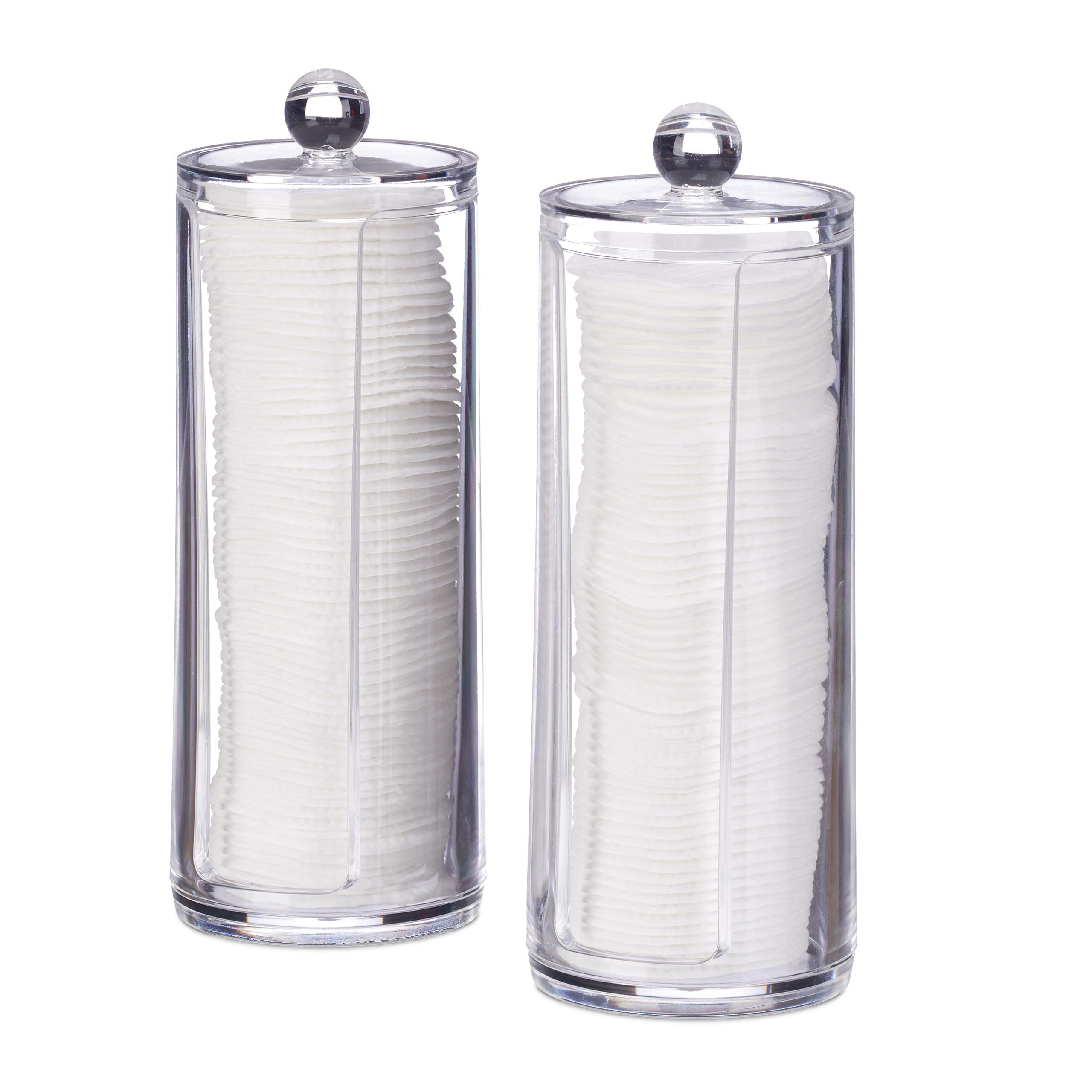 Relaxdays Cotton Pad Storage Tower Set of 2, Acrylic, Round, Lidded Bathroom Dispenser, 20x7 cm, Clear