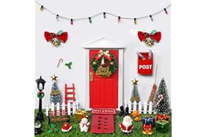 Celltestria 39pcs Red Christmas Elf Fairy Door Decorations Sets Miniature Figures Wooden Doors Santa Claus Snowman Kit for Xmas Mini Dollhouse Accessories House Room Wall Decor