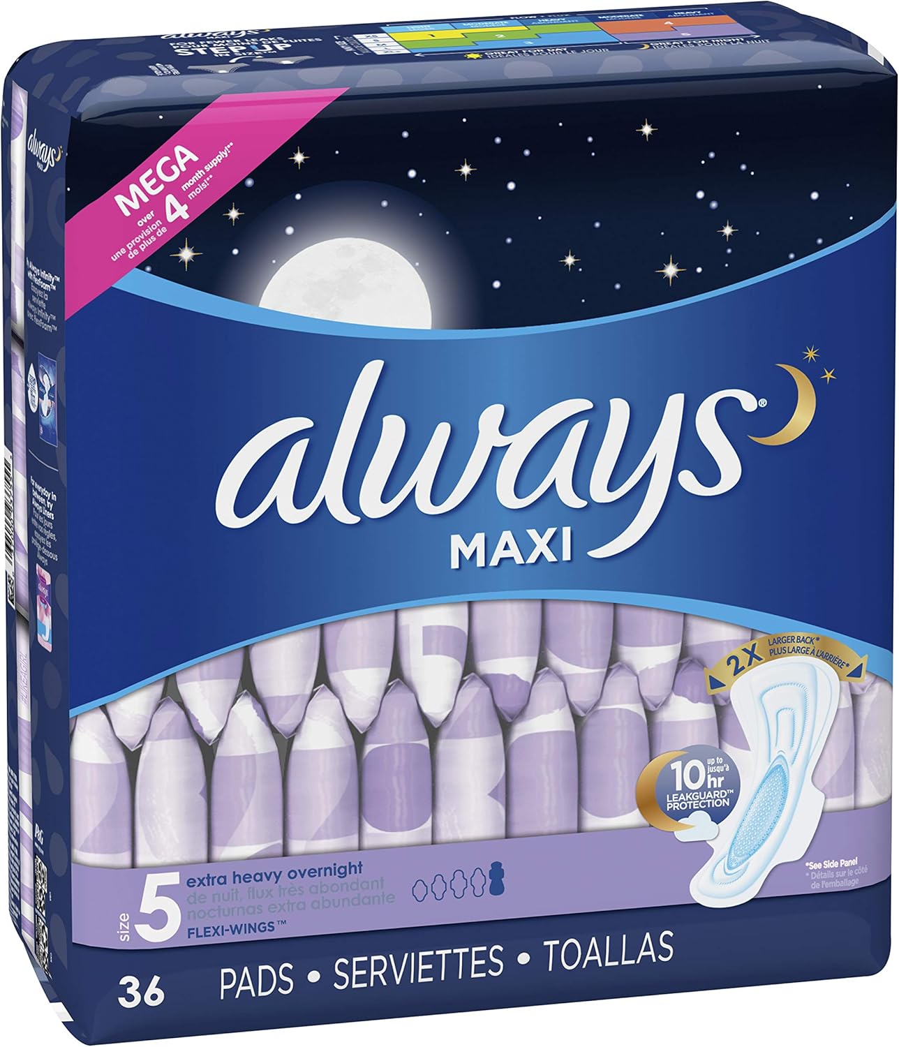 Always Maxi Feminine Pads for Women, Size 5, Extra Heavy Overnight Absorbency, with Wings, Unscented, 36 Count, Pack of 4 (Package May Vary): Health & Personal Care