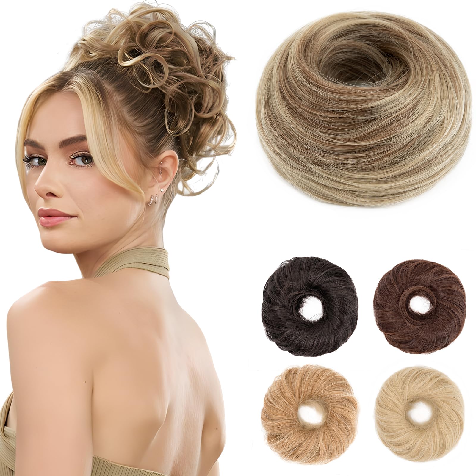 Benehair Messy Bun Hair Scrunchies Curly Hair Buns Hairpiece Synthetic Ponytail Bun Extensions Blonde mix Dark Brown Hair Pieces for Women (Blonde mix Dark Brown, 55g)