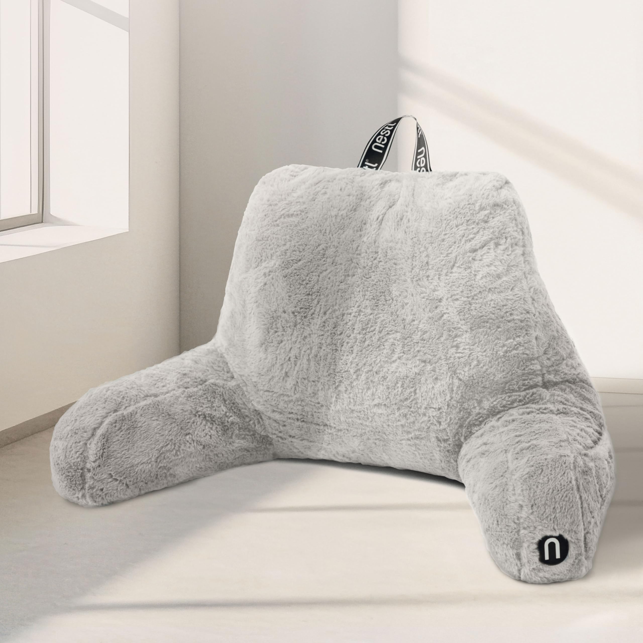 Nestl Fur Reading Pillow, Stylish Back Pillow for Bed Sitting Up, Faux Fur Bed Chair Pillow with Arms, Reading Pillows for Sitting in Bed Adult & Kids, Back Support Pillow for Bed Rest – Light Grey